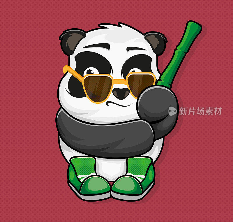 戴墨镜的熊猫，竹子和运动鞋。贴纸。补丁。服装。矢量插图设计。