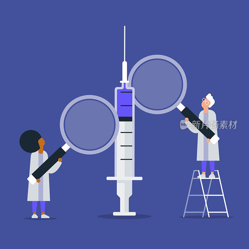 两名医学研究科学家检查疫苗注射器的插图