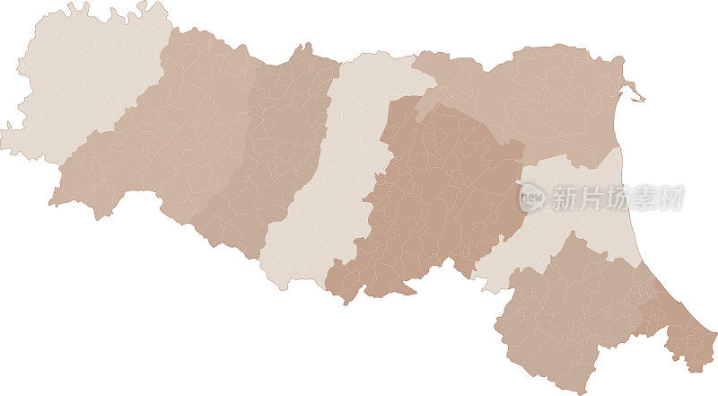 埃米利亚-罗马涅地图，按省和市划分。意大利