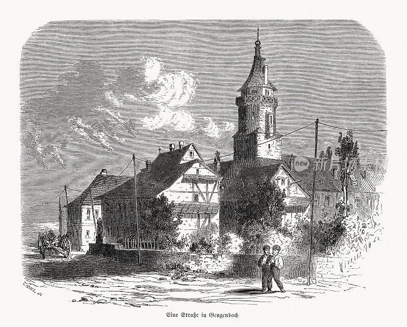根根巴赫历史观，Baden-Württemberg，德国，木刻，1868年出版