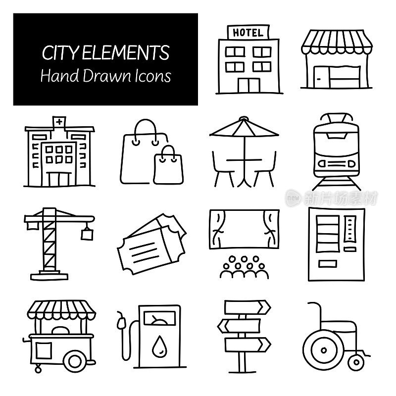 城市元素相关手绘图标，涂鸦元素矢量插图