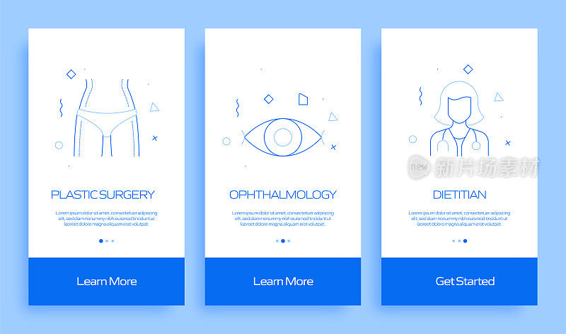 带图标的移动应用程序页面屏幕上的医疗保健和医疗概念。用户体验，用户界面设计模板矢量插图