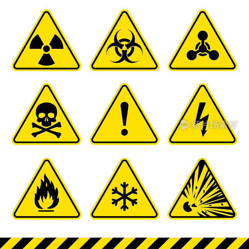 警告标志。危险的图标。辐射信号。生物危害的迹象。有毒的标志。核的象征。易燃的象征。关注的迹象。