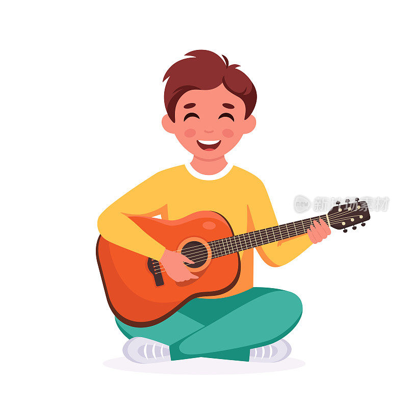 小男孩在弹吉他。演奏乐器的孩子。矢量图