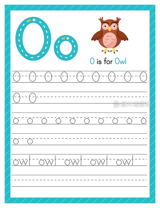 描迹字母O大写和小写。字母追踪练习学前工作表，为孩子学习英语与可爱的卡通动物。幼稚园活动页面。矢量图