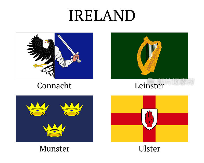爱尔兰各省旗帜集。旗帜伦斯特，明斯特，康纳特和阿尔斯特。矢量插图。所有孤立的白色背景。