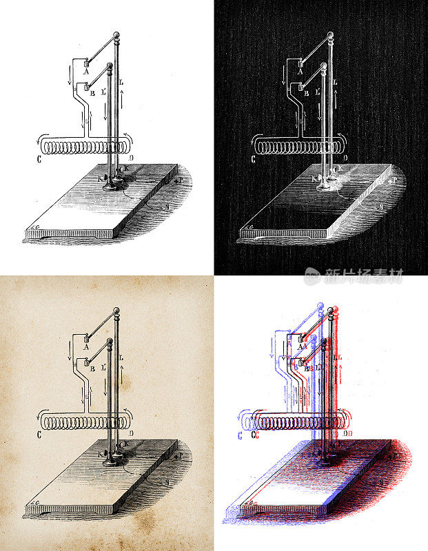 科学发现的古董插图，电和磁