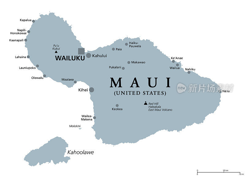 毛伊岛，夏威夷，美国，灰色政治地图，首都威鲁库