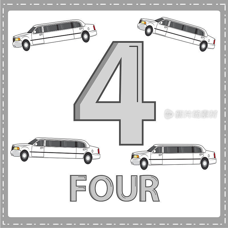 幼儿数字教育插图。为孩子学会了数数字4与4豪华轿车所示的图片在车辆类别。