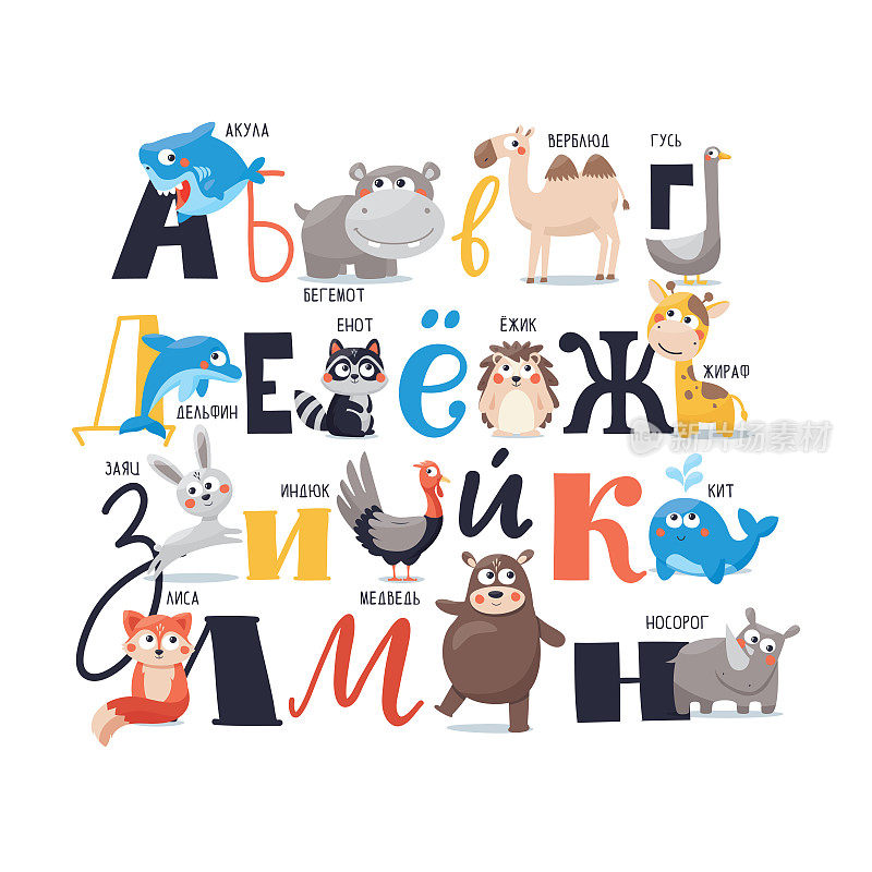 俄罗斯向量字母与可爱的动物，ABC，海报