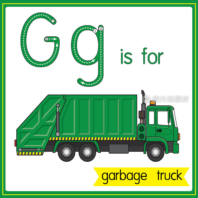 矢量插图学习字母为儿童与卡通形象。字母G代表垃圾车。