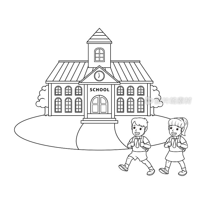 黑色和白色矢量插图的儿童的活动着色书页上的女孩和男孩正在上学的图片。