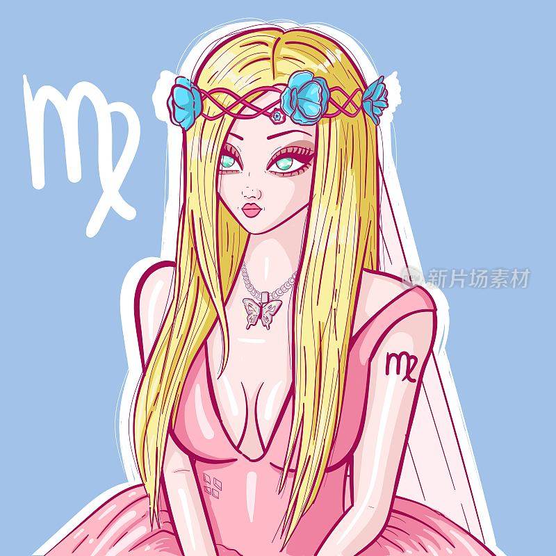 动画里一个金发碧眼的女孩，戴着蝴蝶项链。这是处女座的概念艺术，她的头发上插着花，穿着带面纱的粉色婚纱。星相和十二宫图矢量。