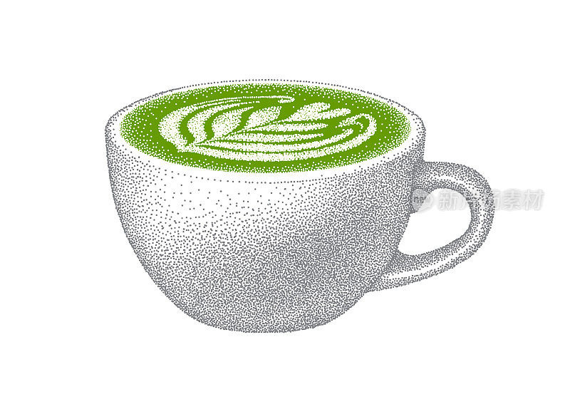 抹茶拿铁咖啡。白杯加牛奶的绿茶。现实的草图。日本传统饮料。绿茶饮料。手绘矢量插图。