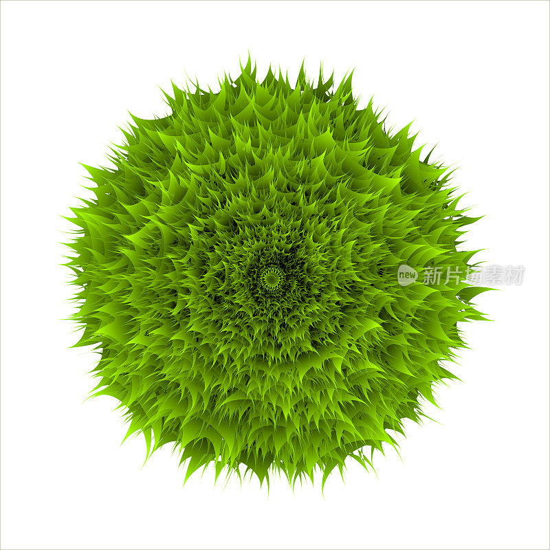 绿草球的三维图像。绿色圆形球孤立在白色背景上。清洁生态环境理念。球形成的苔藓孤立在白色。