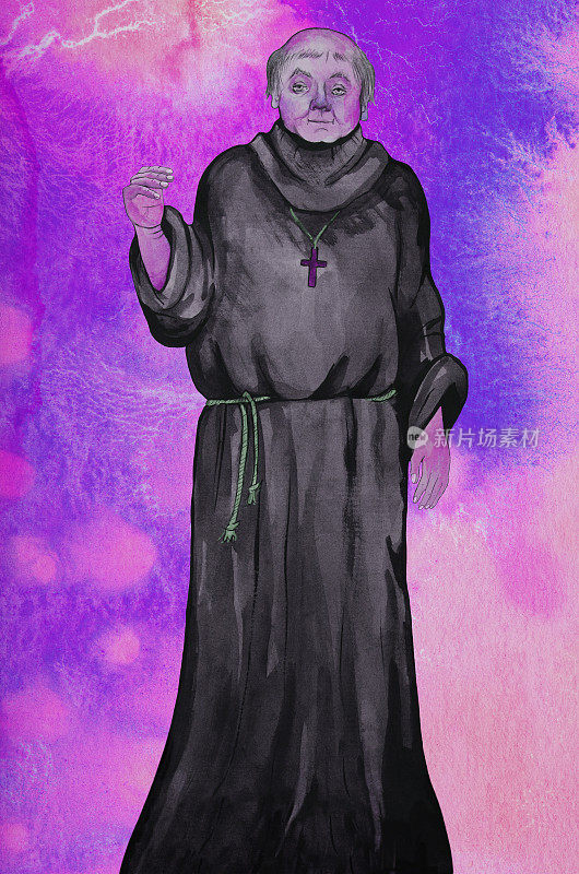 插图水彩画画像的一个老秃头牧师僧侣在黑色袈裟的背景从蔓延水彩画在阴影的傍晚天空