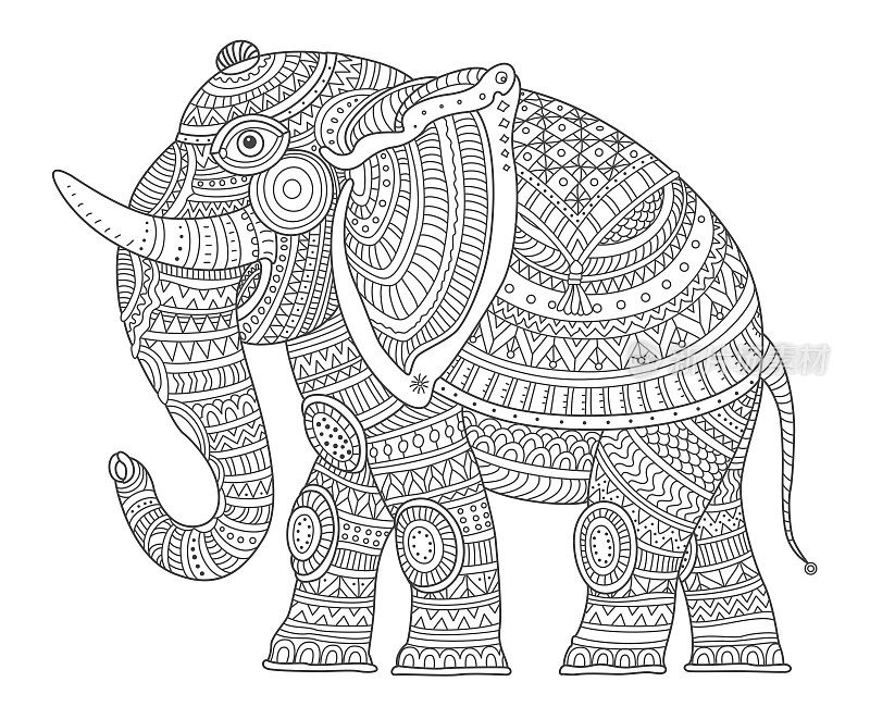 Vector华丽的印度童话大象。涂色书页为成人和儿童黑白细线插图