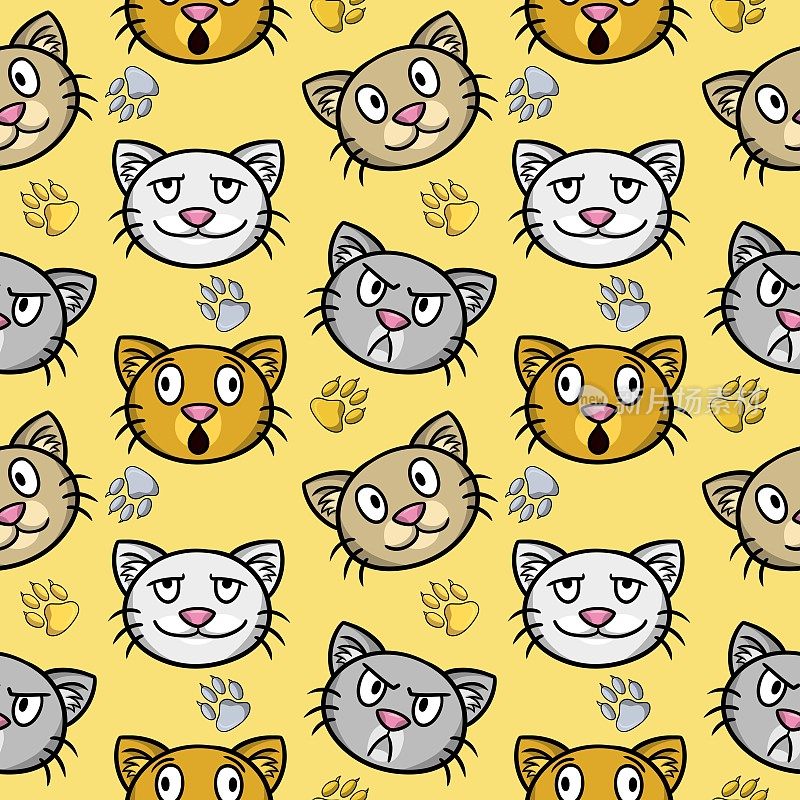 黄色印花儿童，可爱的猫不同的情绪，有趣的猫的面孔，无缝图案