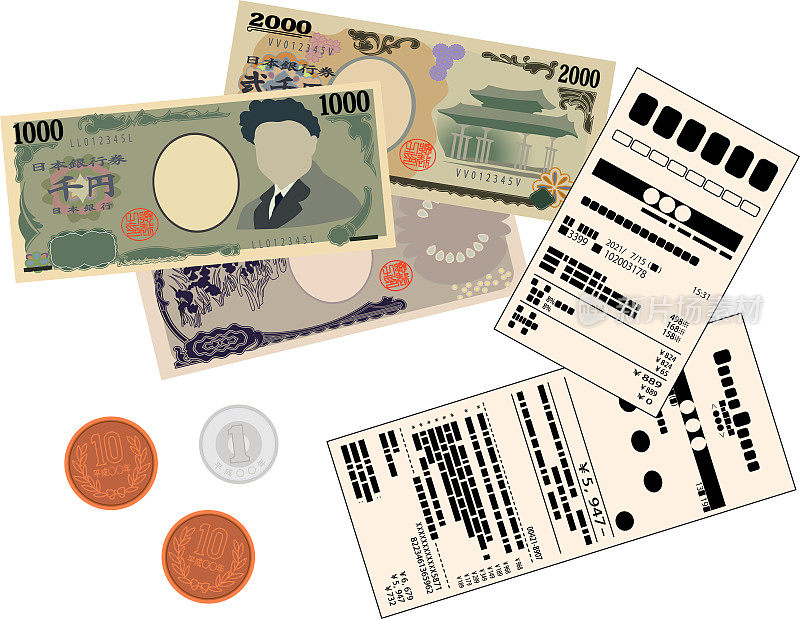 日元纸币、日元硬币和购物收据
