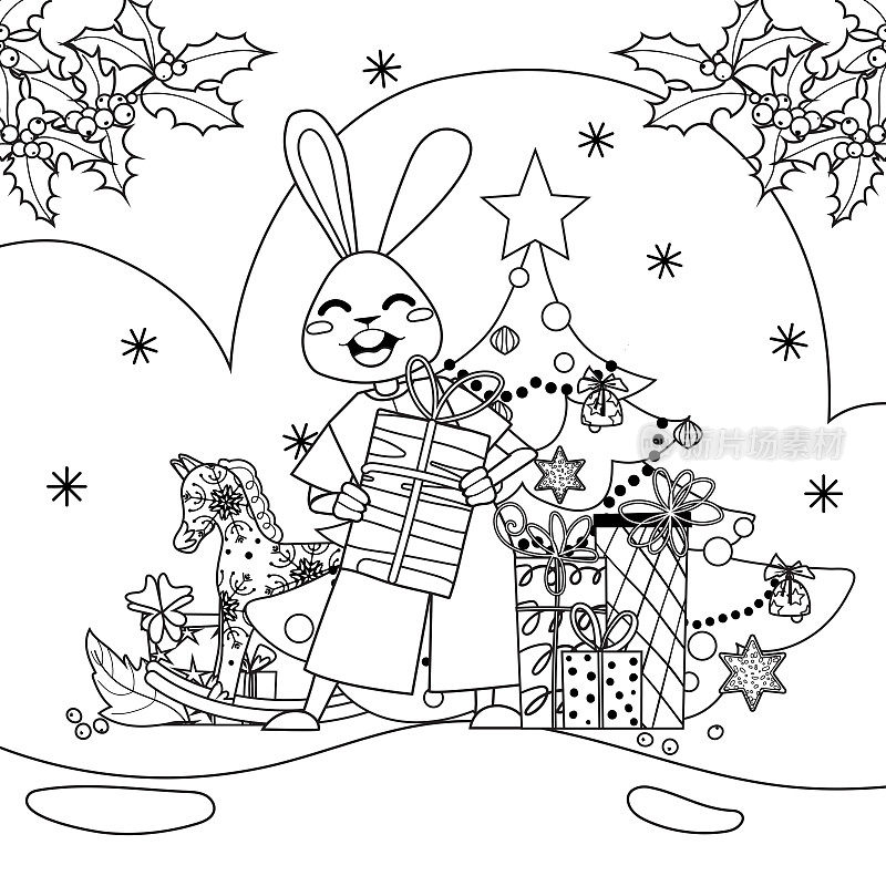 可爱的圣诞兔子轮廓向量与礼盒，冷杉树和冬青树枝。兔子角色线条艺术插图。兔年，2023年的象征