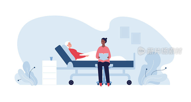 医疗志愿服务和护理概念。矢量平面人物插图。非洲护理志愿者为躺在病床上的残疾妇女朗读。为医院护理服务设计。