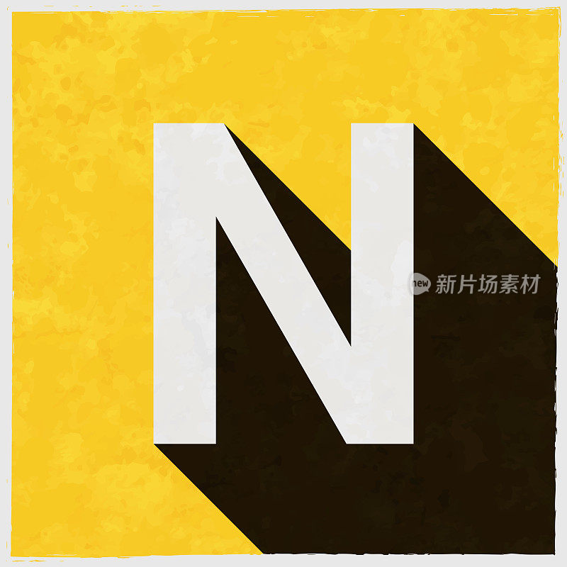 字母n图标与长阴影的纹理黄色背景