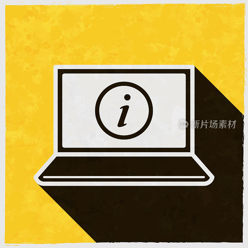 带信息标志的笔记本电脑。图标与长阴影的纹理黄色背景