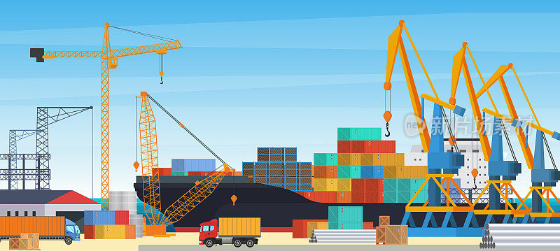 港口货运船舶物流，起重机装卸集装箱货物