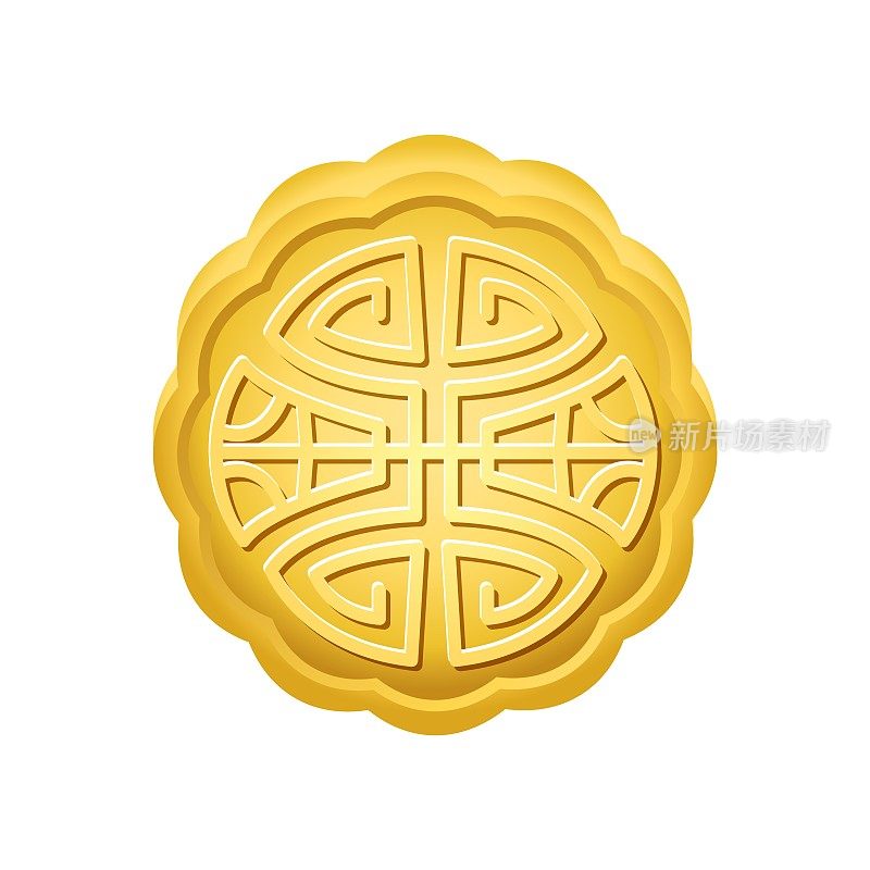 中国和越南传统节日的圆形黄色图案月饼。圆形的金色馅饼用于中式装饰。中秋节送月饼送甜蜜。矢量图