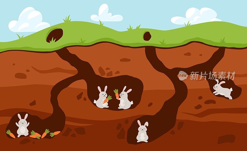 兔子一家住在地下的洞里，卡通平面矢量插图。