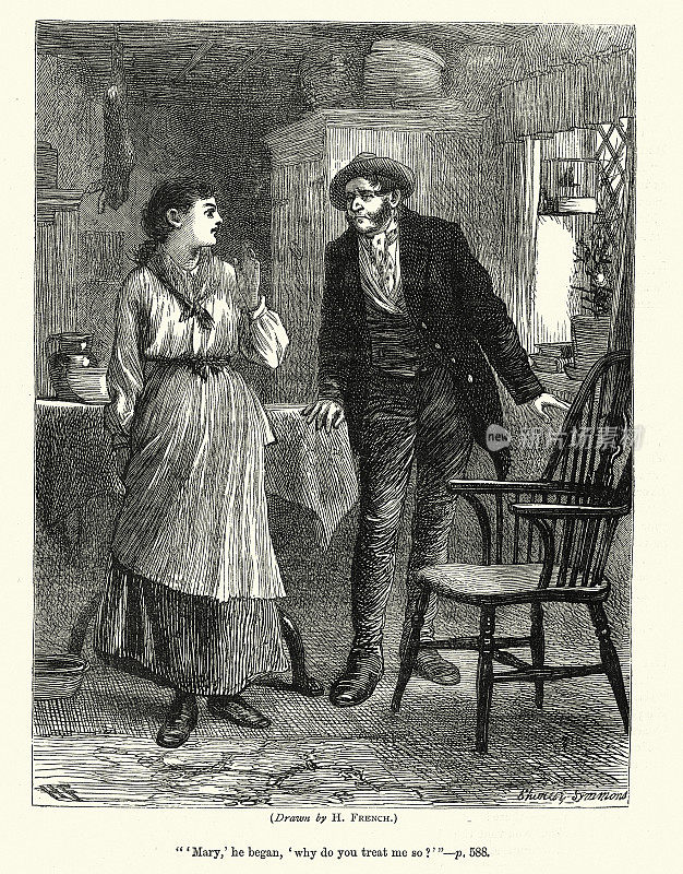 维多利亚时代一对夫妇在厨房争吵的复古插画组，19世纪70年代，19世纪