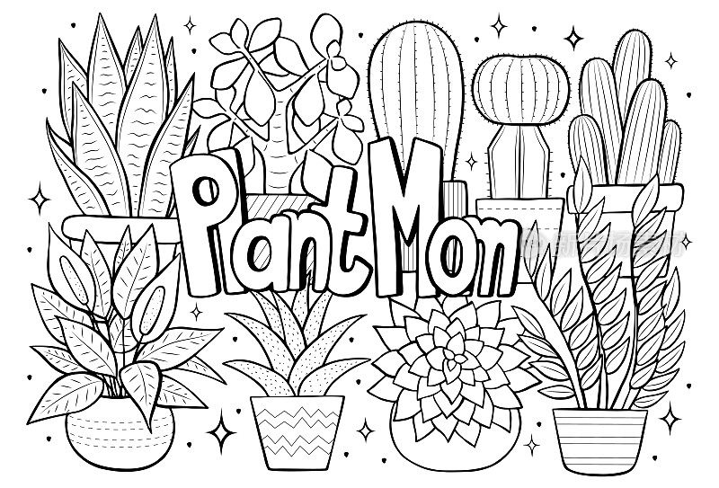 植物妈妈抗胁迫着色页面，集多肉植物和仙人掌，手绘线条艺术为植物爱好者转化为载体