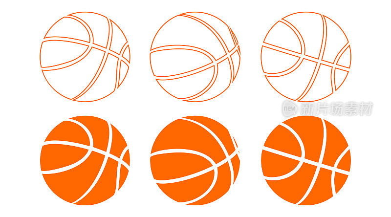 团队竞赛，运动和胜利的概念在扁平化的风格。一组篮球放在孤立的白色背景上。