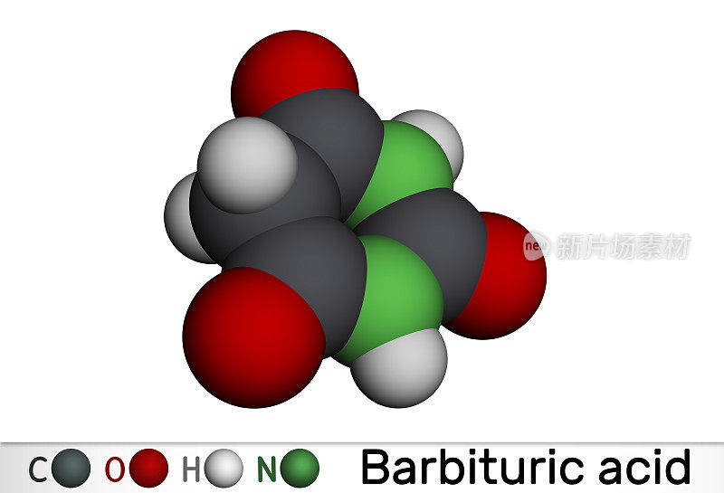 巴比妥酸，丙烯脲或6-羟基尿嘧啶分子。是巴比妥类药物的母体化合物。分子模型。三维渲染