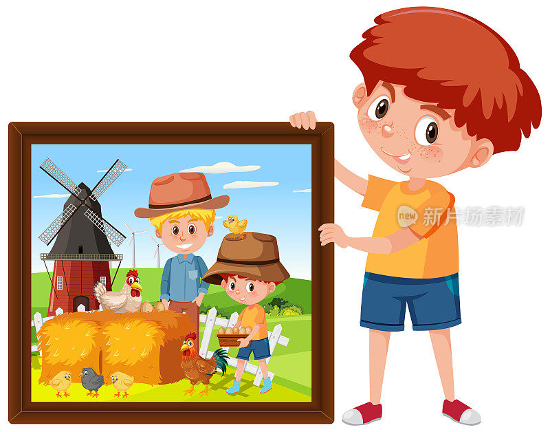 一个男孩卡通人物拿着一张男孩和他爸爸在农场里的照片