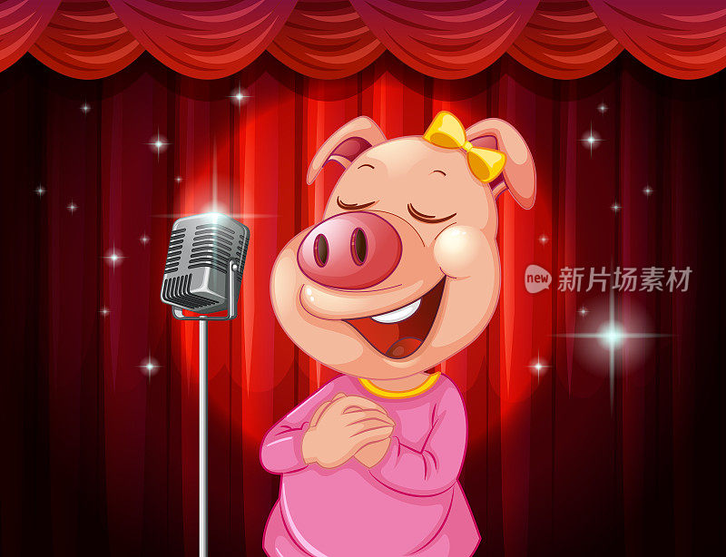 可爱的小猪在舞台上唱歌