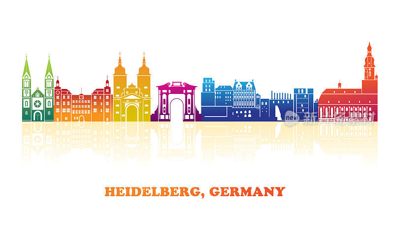德国海德堡市多彩的天际线全景图
