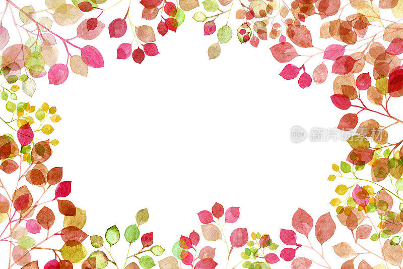 秋冬阳光透过树叶的水彩画插画。框架设计。秋冬植物装饰。背景,壁纸。