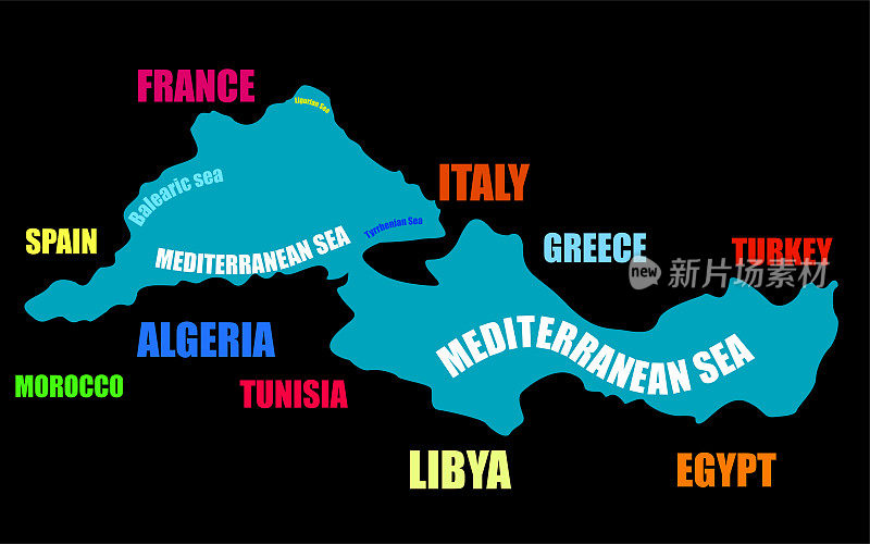 地中海。绘制地中海与其他国家的边界图