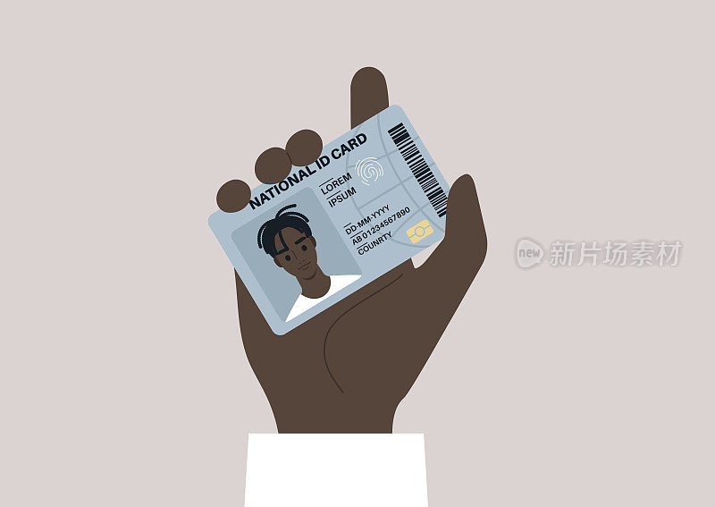 一个国民身份证模板，一个年轻的非洲男性公民拿着他们的身份证件