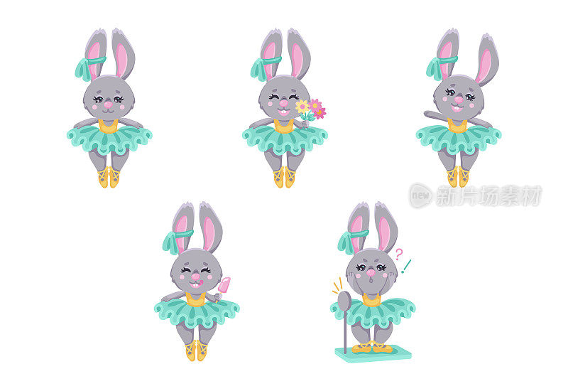 一组卡通兔子芭蕾舞演员微笑，手持鲜花，挥手，吃冰淇淋，称重