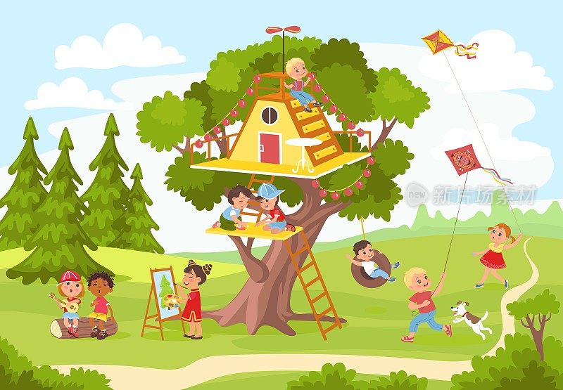 有孩子的树屋。有趣的男孩和女孩在绿色的后院玩耍。舒适的家在橡树的枝头。快乐儿童户外休闲。放风筝和荡秋千。木制的避难所。很棒的矢量概念