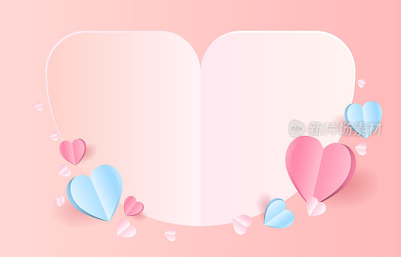 空白剪纸背景心形。用粉色和蓝色的折纸心形装饰。情人节、母亲节插画。还是爱的日子。矢量贺卡。