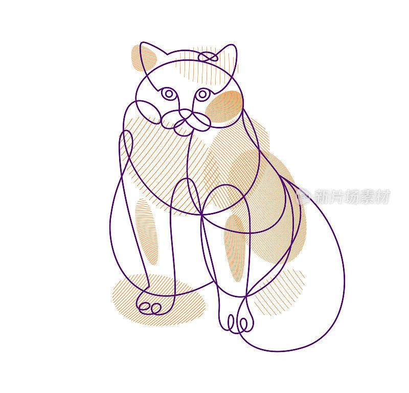 漂亮可爱的猫线性矢量插画，线艺术绘画的小猫放松，艺术轮廓最小草图的胖和懒猫。