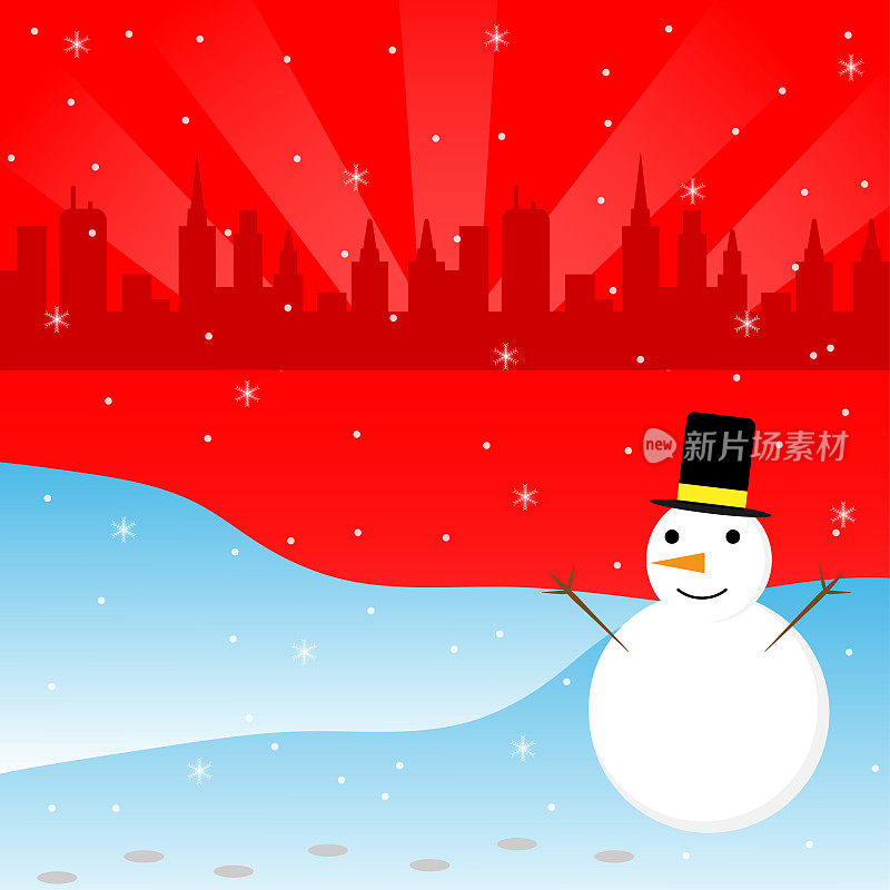 快乐的圣诞雪人在山上与阴影城市背景与雪冬天矢量红色明信片