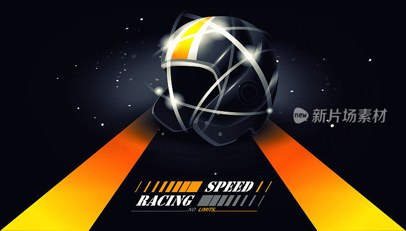 运动速度和胜利的概念在现实主义风格。赛车手的保护运动头盔放在赛道的背景上，并留有文字空间。