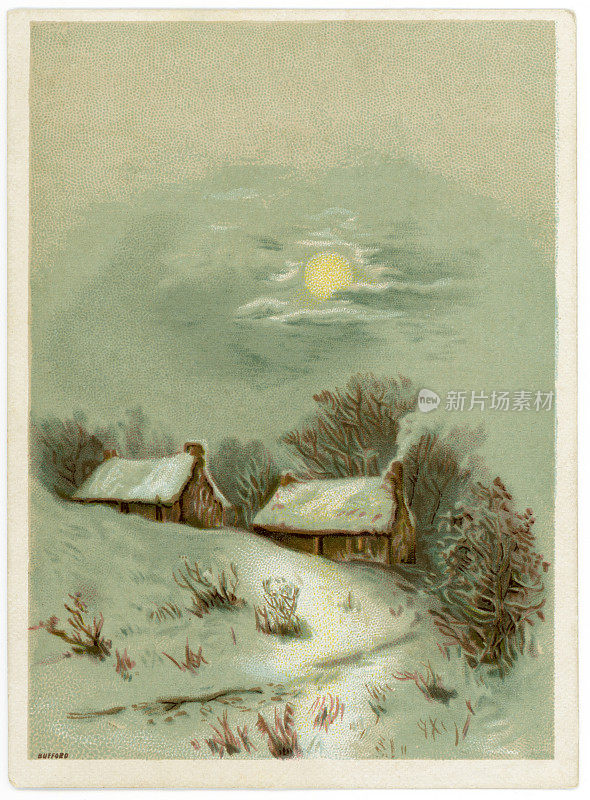 夜间两座白雪覆盖的小屋的彩色印版