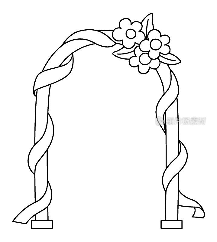 矢量黑色和白色的婚礼拱门与鲜花和丝带。可爱的线条婚姻剪纸元素的新娘和新郎。只是已婚夫妇的配件。卡通仪式插图或填色页
