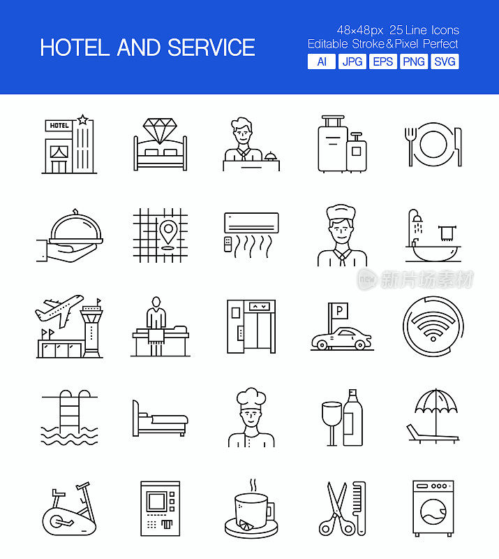 酒店和服务细线矢量图标集。设计是可编辑的，颜色可以改变。创意图标向量集:在线预订，接待，餐厅，健身中心，海滩，行李，放松