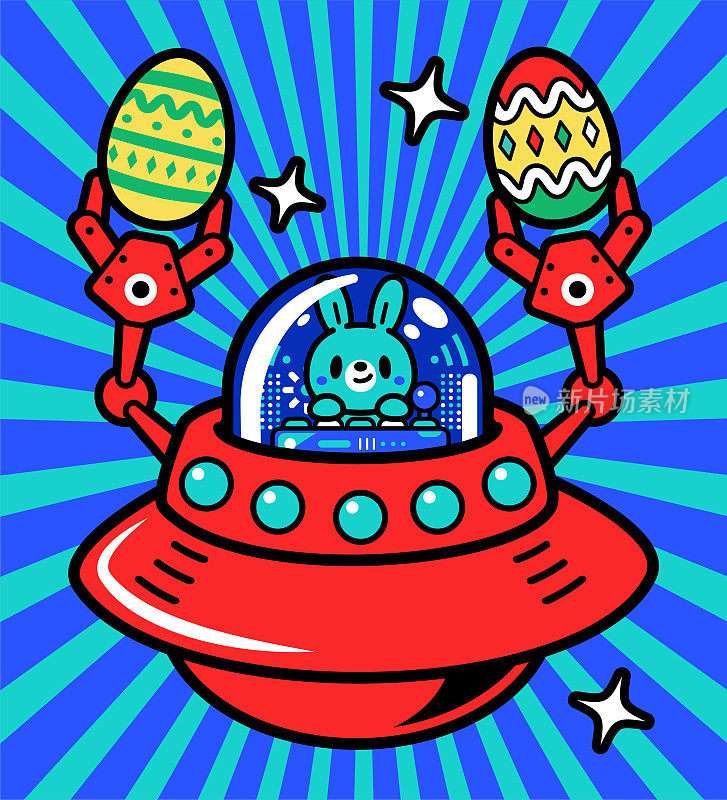 一只可爱的兔子正在驾驶一艘无限能量宇宙飞船进入元宇宙，寻找复活节彩蛋